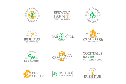 Set of retro vintage beer and alcohol logo or insignia, emblems, labels and badges and other branding objects. Vector line style, a Branding & Logo Template by GraphiShop