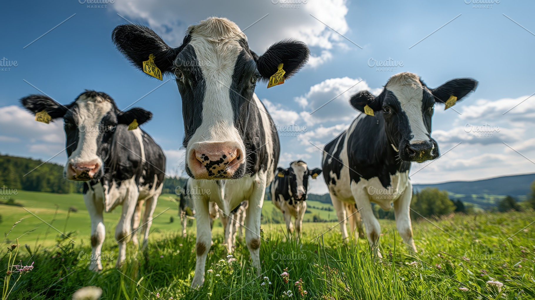 Black and white cows in a green past, a Photo by Pixeness Studio