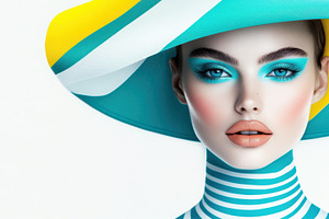 A striking woman in a teal-and-yellow hat with bold makeup and striped attire p, a Person Photo by Mashimara