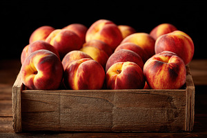 Fresh ripe peaches in a wooden crate, a Food & Drink Photo by AlyaAnd