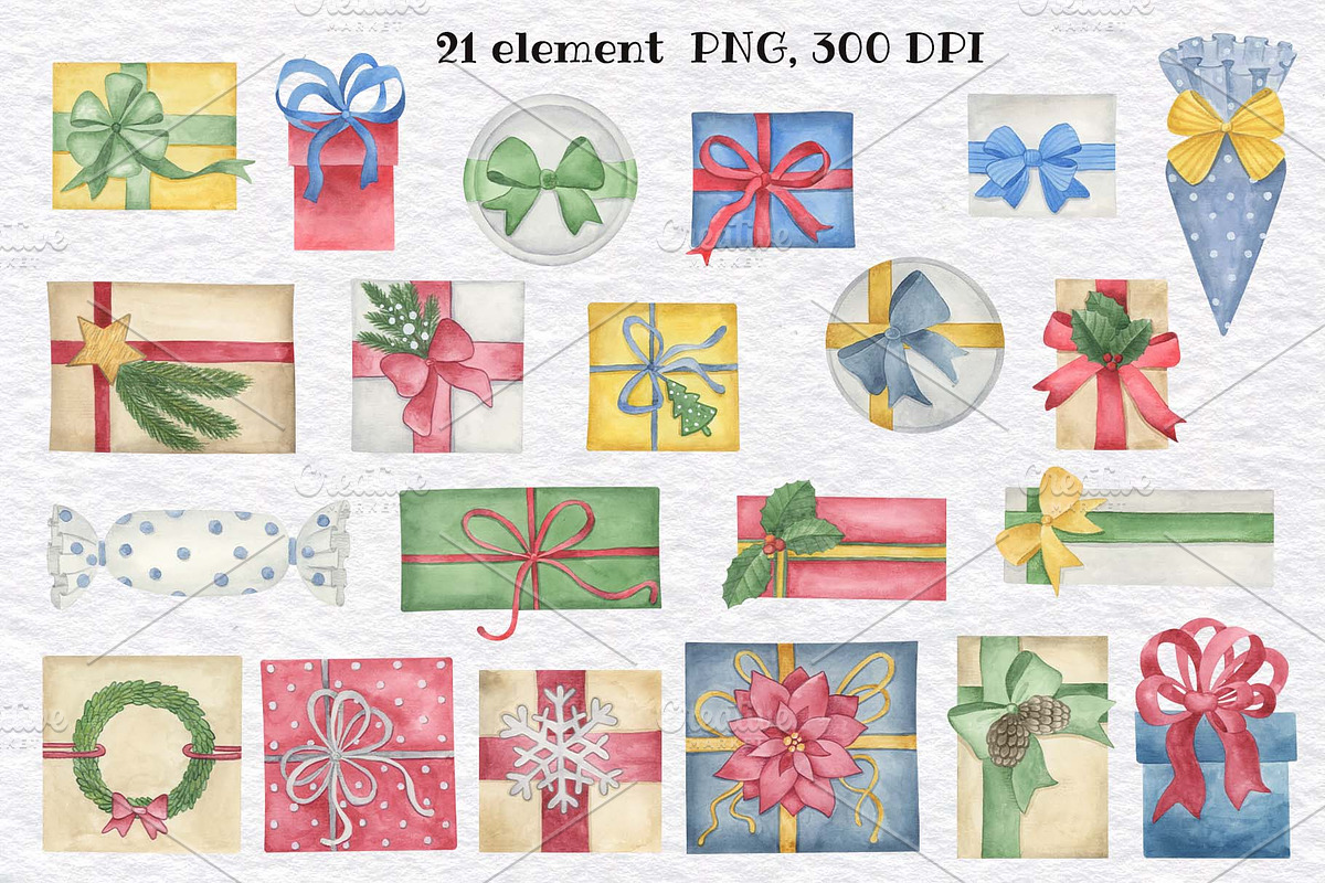 Christmas Gifts Watercolor Clipart, a Decorative Illustration by KathrineWatercolor (Photo 2 of 4)