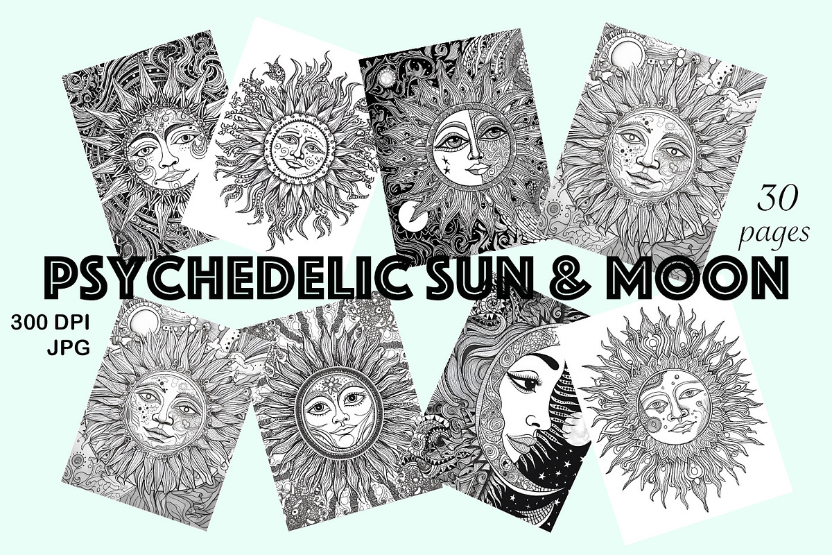 Coloring Page Psychedelic Sun & Moon, a Decorative Illustration by MuzaArtStudio (Photo 1 of 4)