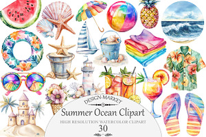 Watercolor Summer Ocean Clipart, an Illustration by Design Market