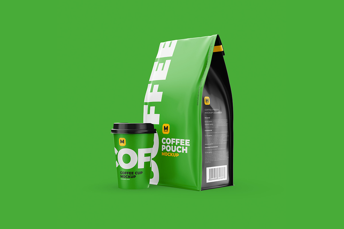 Coffee Pouch Mockup with cup, a Cups & Container Mockup by easymock (Photo 8 of 9)