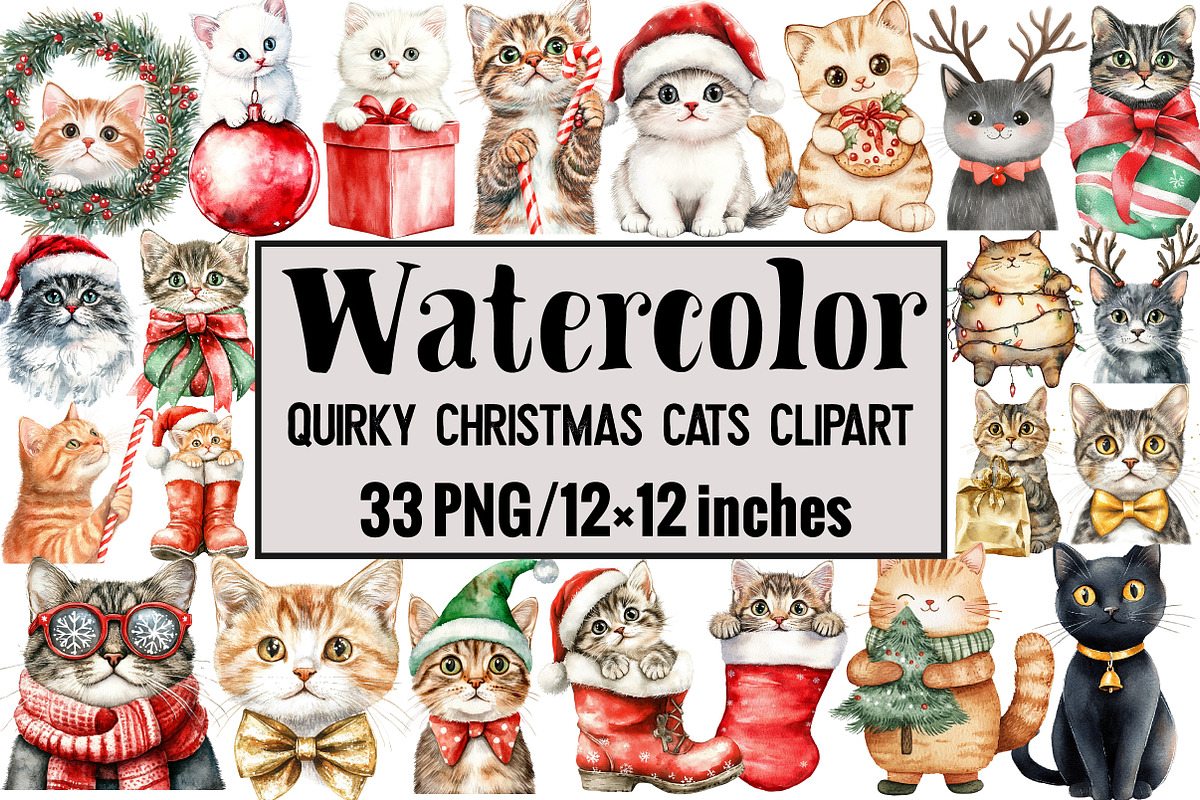 Quirky Christmas Cats Clipart, an Illustration by Design Market (Photo 1 of 3)