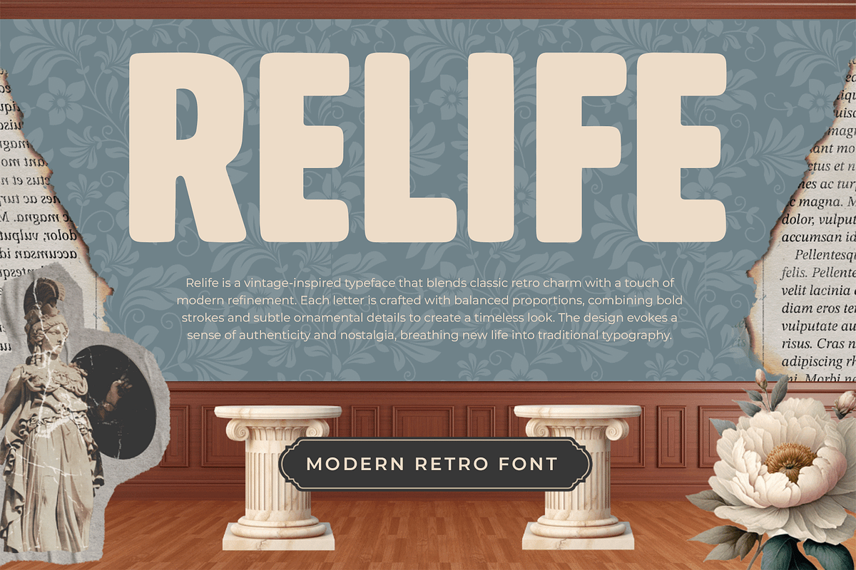Relife – Modern Retro Font, a Sans Serif Font by overlaytemplates (Photo 1 of 5)