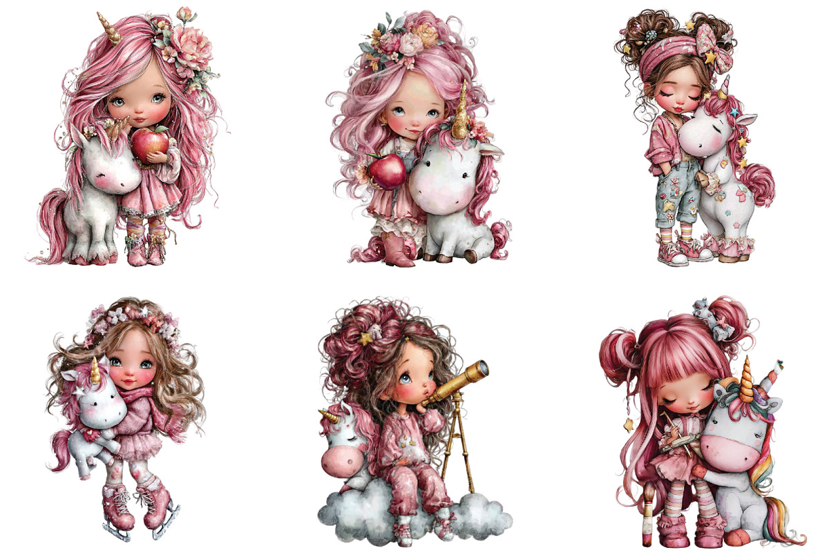 Whimsical Girl With Unicorn Clipart, an Illustration by CraftArtStudio (Photo 2 of 6)