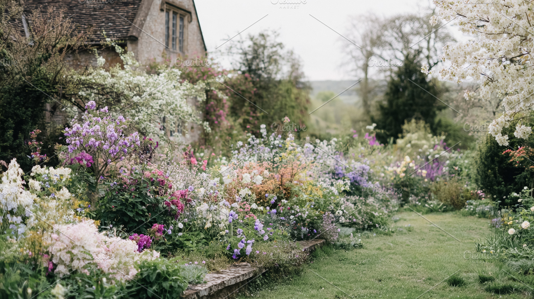 English cottage stone house with blooming spring garden and colo, a Photo by Studio ANNA