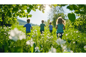 Children playing in sunlit meadow, a Nature Photo by Lermont51