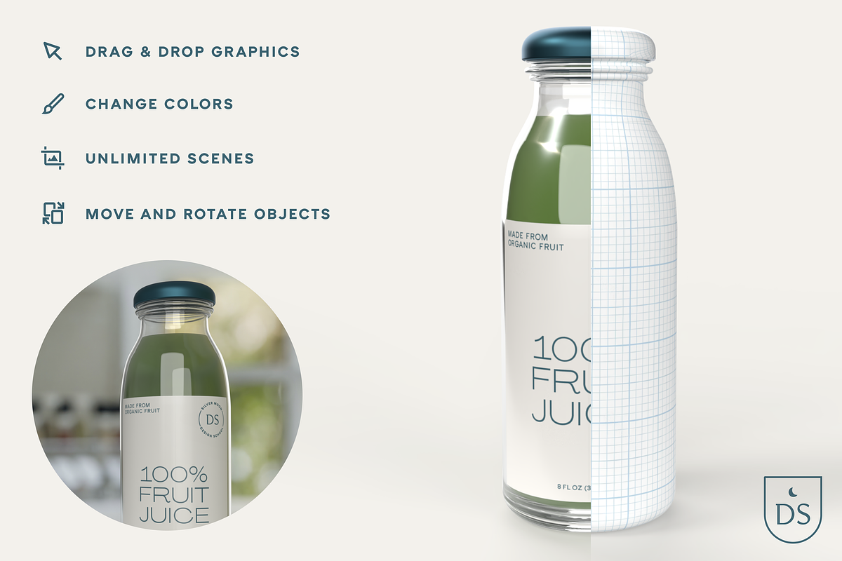 3D Juice Bottle Mockup, a Packaging Mockup by Silver Moon Design School (Photo 2 of 3)