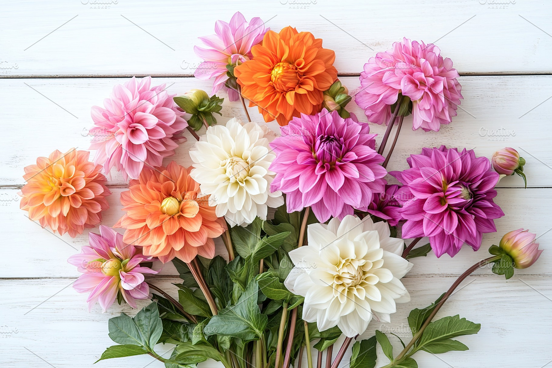 Colorful dahlia bouquet on a wooden background featuring orange and white flowe, a Nature Photo by AlyaAnd