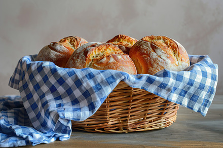 Fresh baked bread in basket on wooden table, a Food & Drink Photo by AlyaAnd