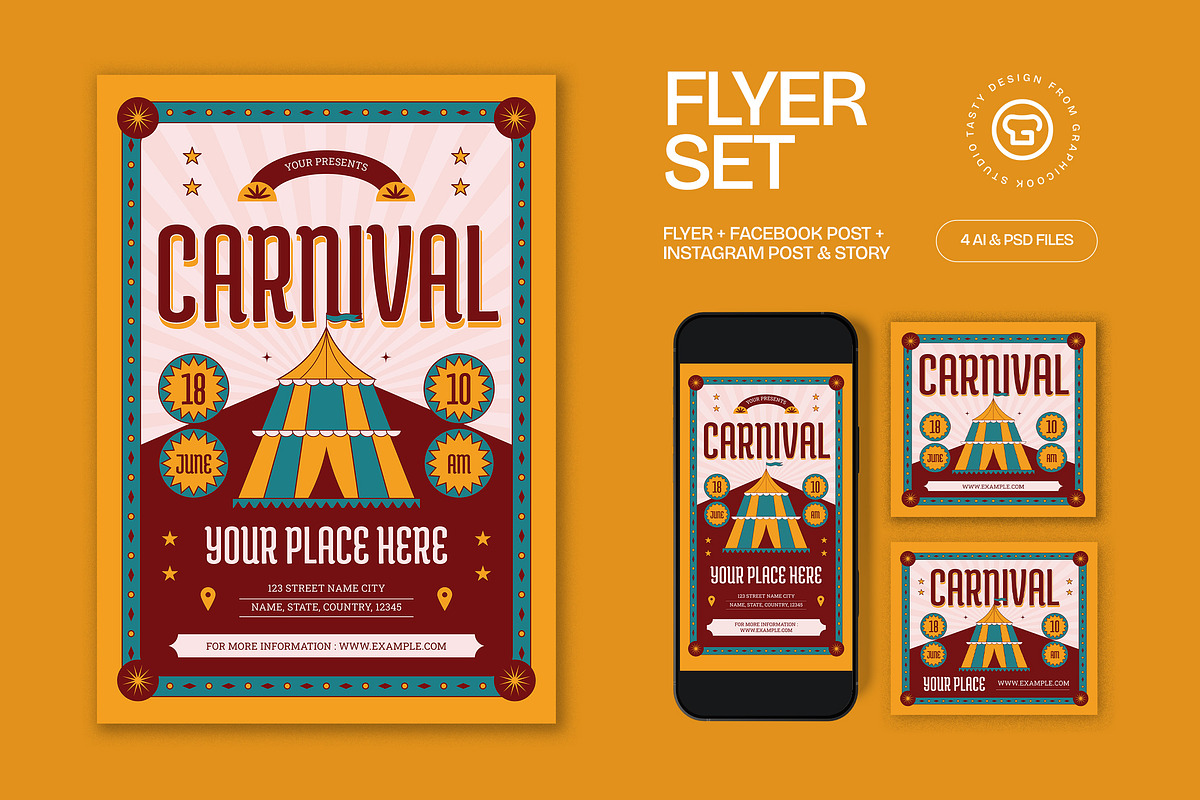 Yellow Red Carnival Flyer Set, a Flyer Template by graphicook (Photo 1 of 3)