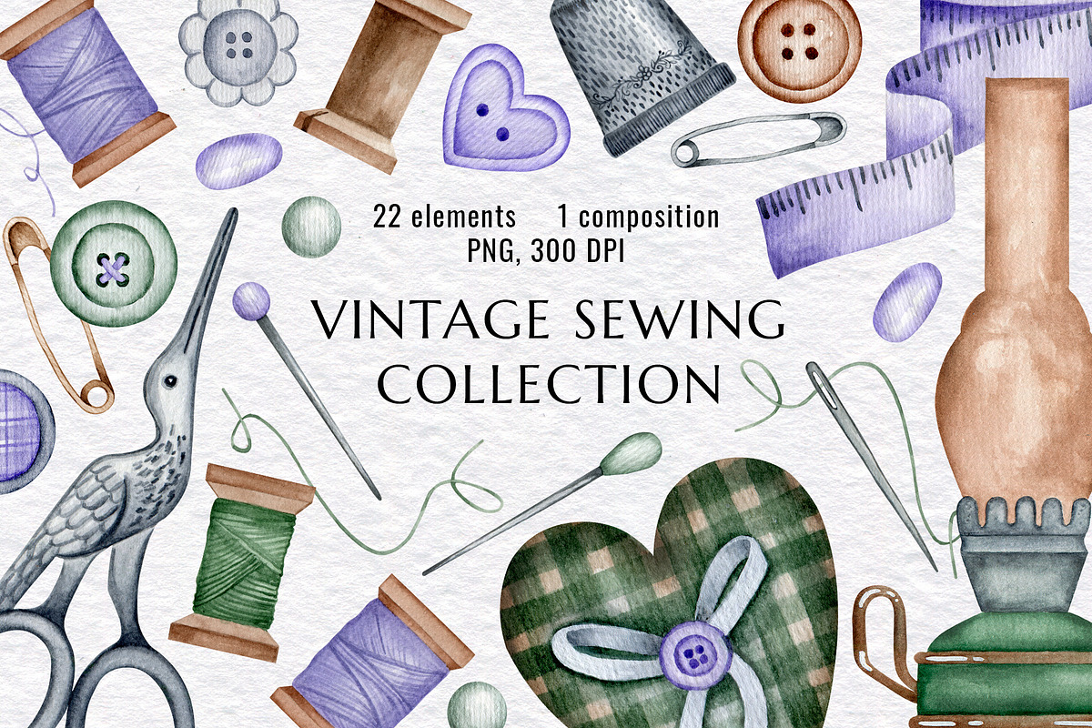 Vintage Watercolor Sewing Clipart, an Illustration by KathrineWatercolor (Photo 1 of 5)