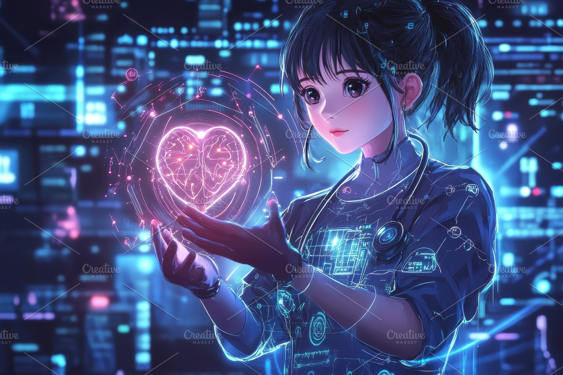 Cardiologist holding a digital heart, a Photo by Pavel_design
