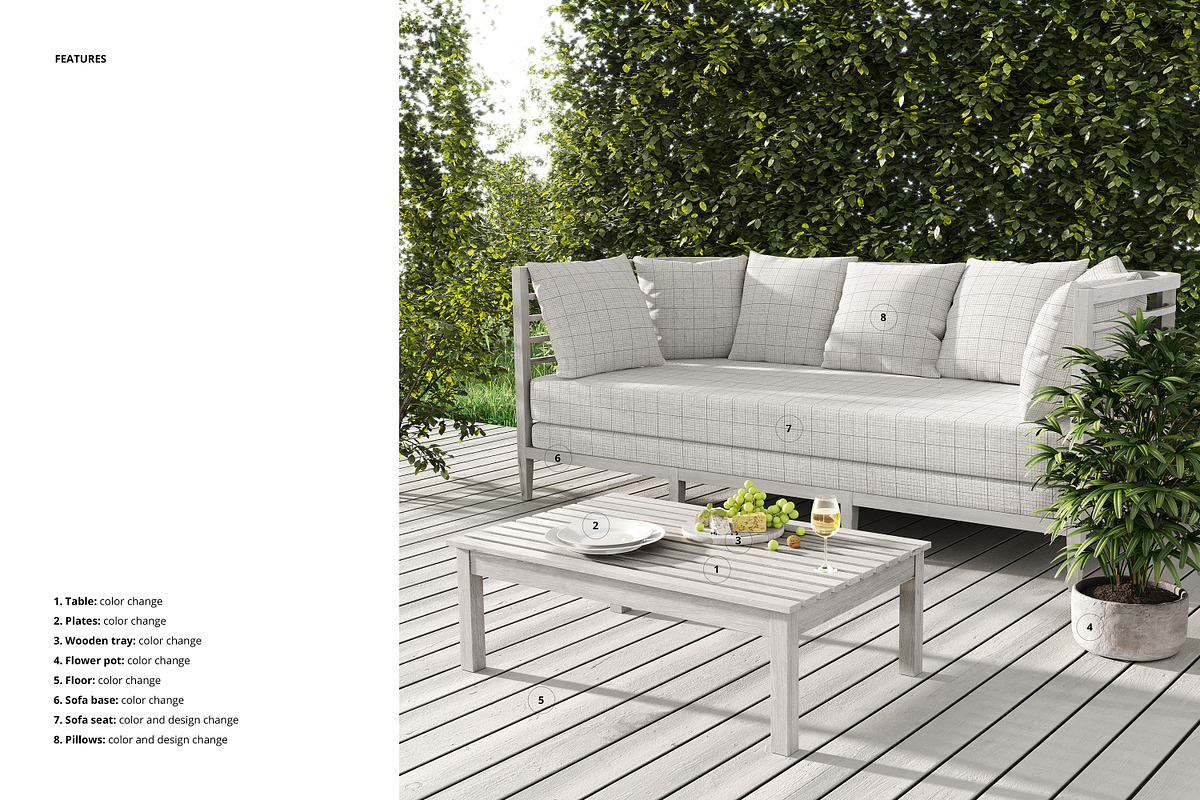 Outdoor Scene Sofa & Pillows Mockup, a Product Mockup by creatsy2 (Photo 3 of 7)