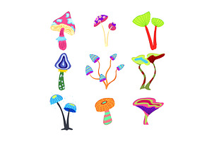 Trippy Mushroom Set Cartoon Vector