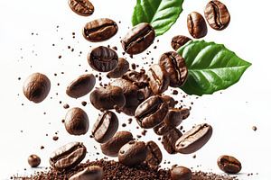 Roasted coffee beans falling with co, a Food & Drink Photo by Pixeness Studio