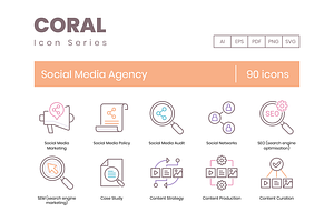 90 Social Media Agency Icons - Coral