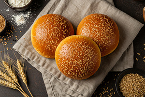 Three golden sesame seed burger buns, a Food & Drink Photo by professorinc