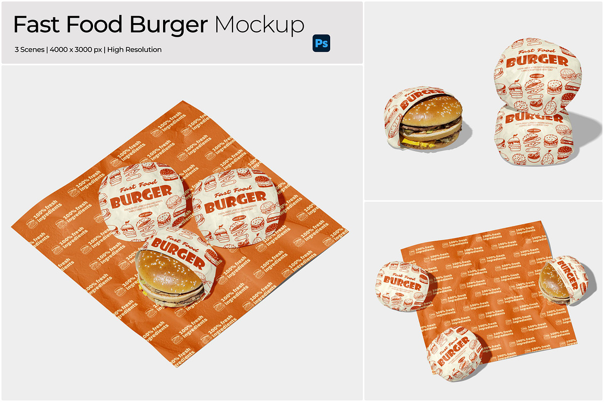 Fast Food Burger Paper Wrap Mockup, a Packaging Mockup by Bartama Graphic (Photo 1 of 5)