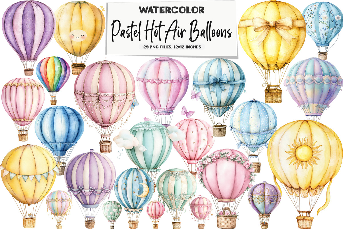 Pastel Hot Air Balloons Clipart, an Illustration by DreamArtGraphic (Photo 1 of 5)