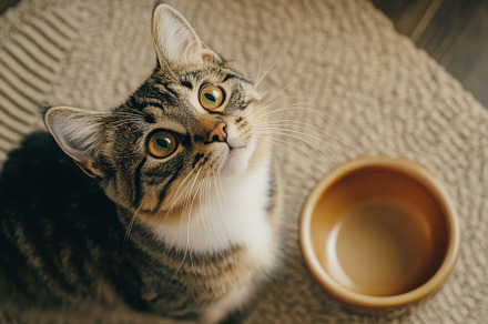 Tabby cat sitting on wooden floor near empty bowl, looking up, a Photo by Dvoevnore photos