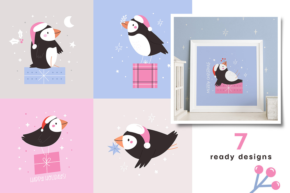 Christmas Puffins Clipart & Patterns, an Animal Illustration by danceyourlife (Photo 5 of 7)