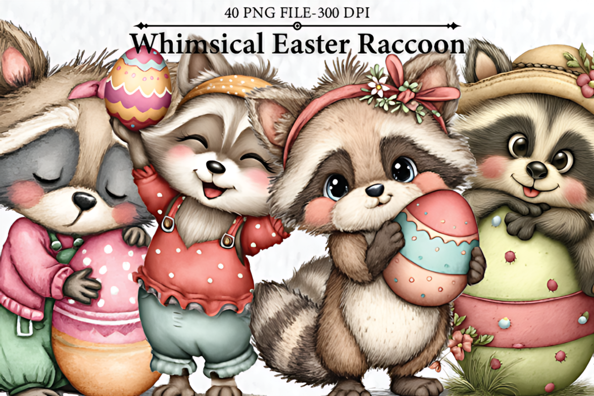 Whimsical Easter Raccoon Clipart, a Seasonal Illustration by HueNestify (Photo 1 of 3)
