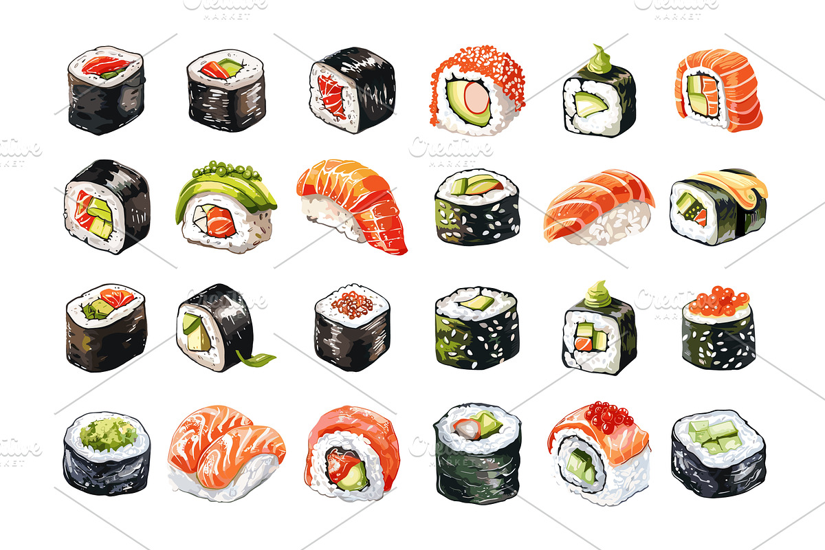 Raw fish sushi assortment cartoon, a Food Illustration by Stock-Smart-Start