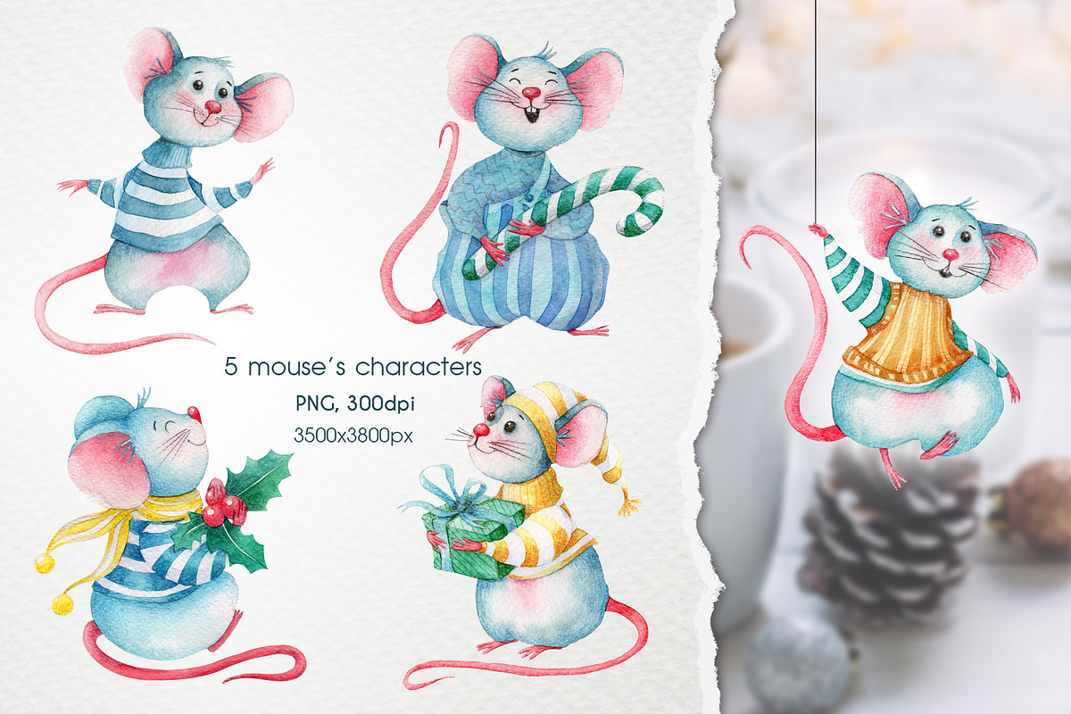 Watercolor Christmas Mice Clip art, an Animal Illustration by ArtPavo (Photo 3 of 9)