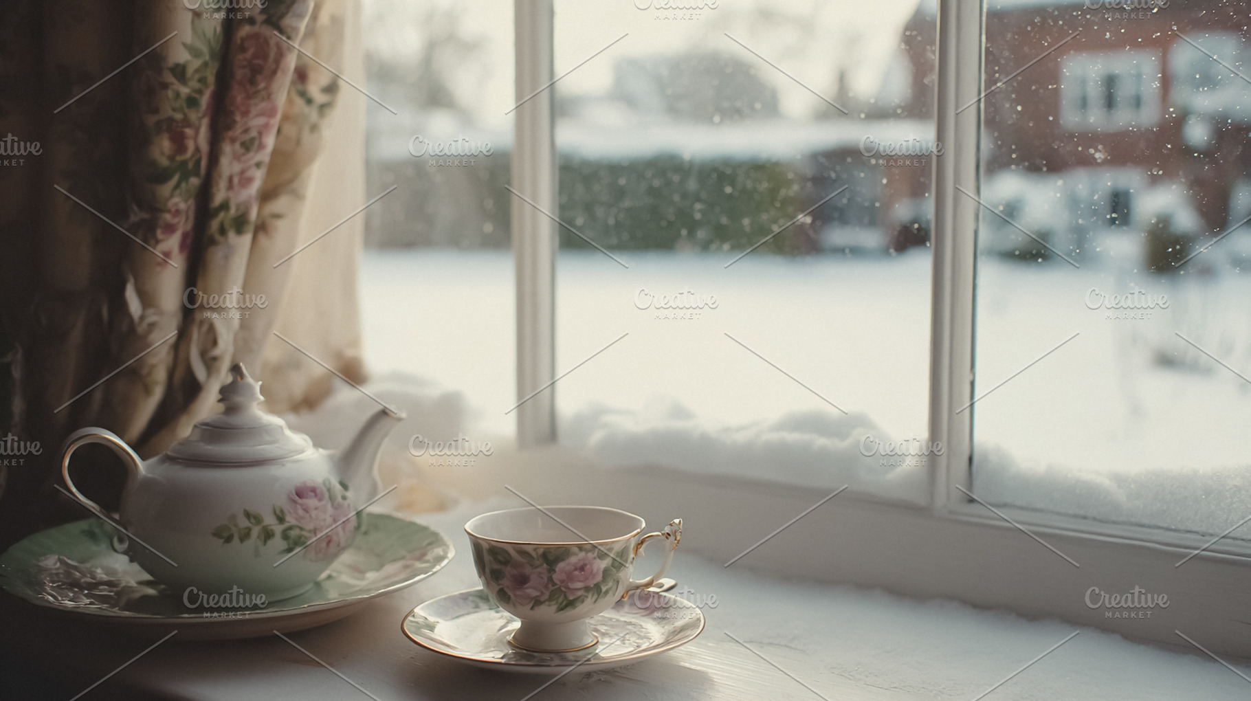 Cozy winter scene with antique tea set on windowsill, enjoying w, a Photo by Studio ANNA