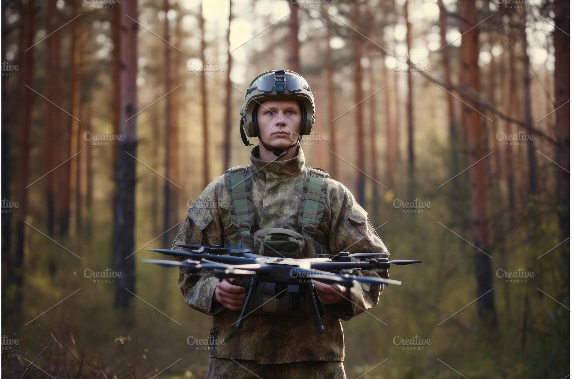 Soldier drone forest team. Generate, a Technology Photo by Ylivdesign