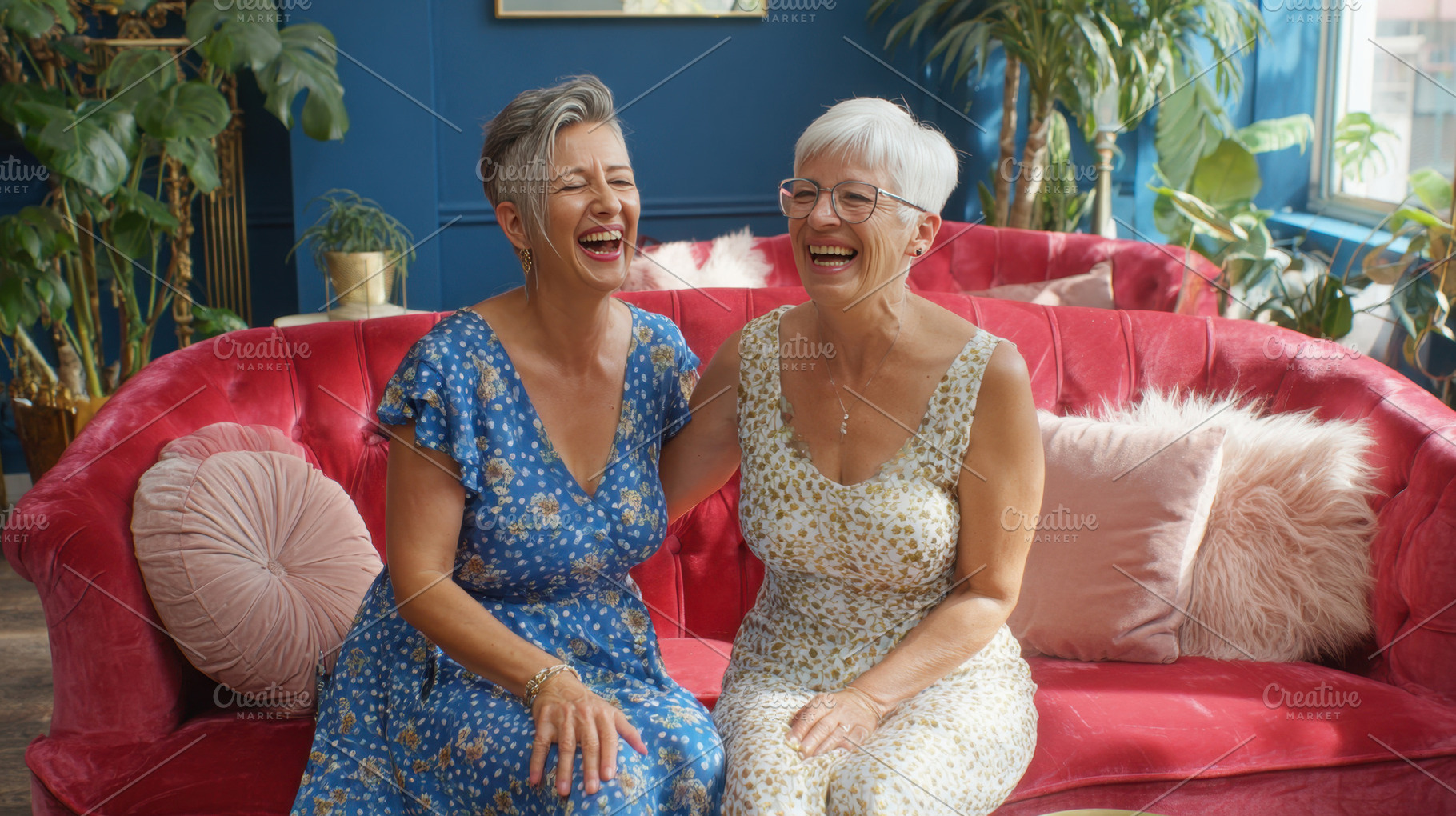Two women laugh in a cozy room, a Photo by Beautiful things