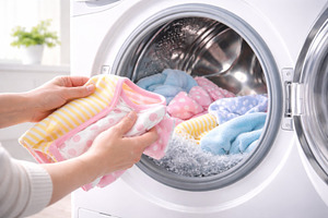 Laundry scene with colorful clothes being loaded into washing ma, a Photo by Dvoevnore photos