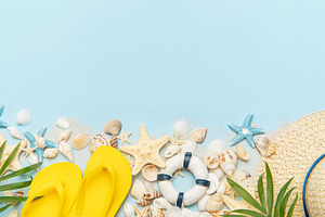 Summer beach vibes with shells and starfish decor, a Holiday Photo by Olena Rudo