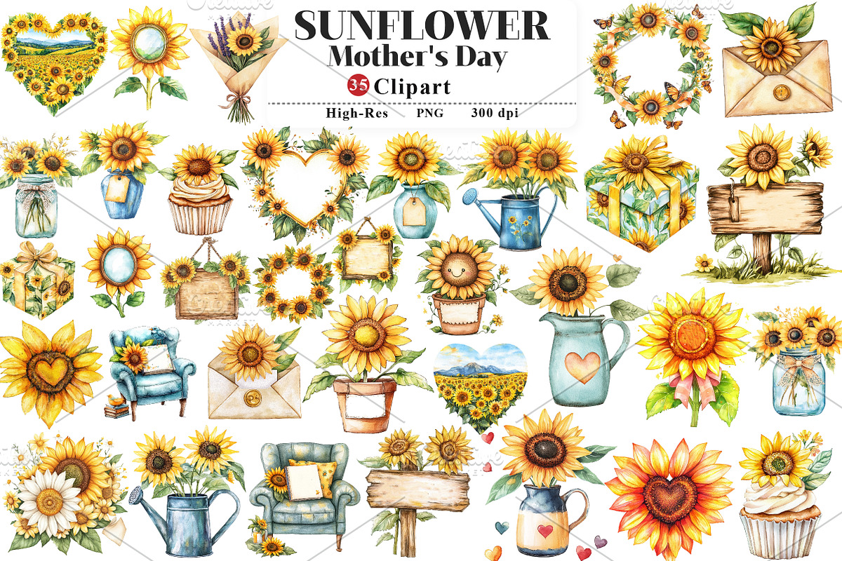 Sunflower Mother's Day Clipart, an Illustration by Watercolor design (Photo 1 of 12)
