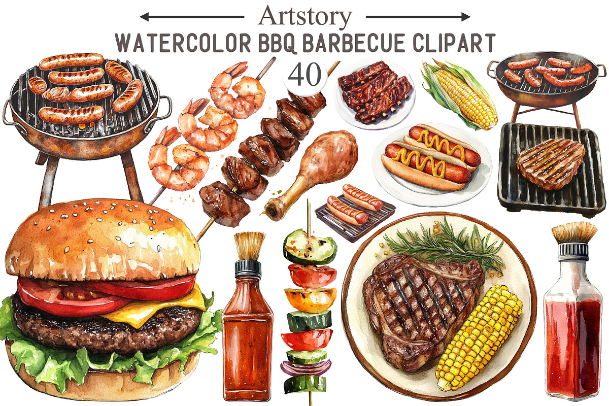 Watercolor BBQ Barbecue Clipart, an Illustration by designcity5 (Photo 1 of 5)