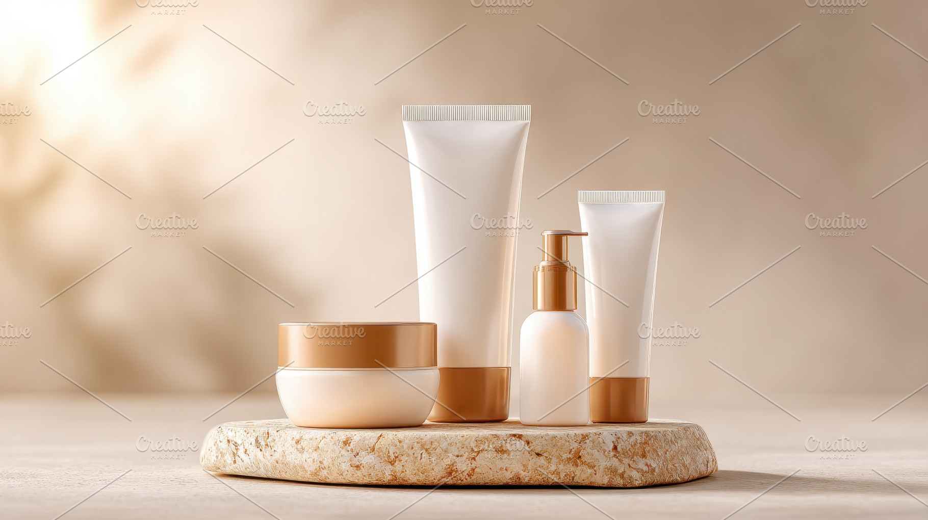 Elegant skincare product display on stone pedestal, a Beauty & Fashion Photo by AlyaAnd