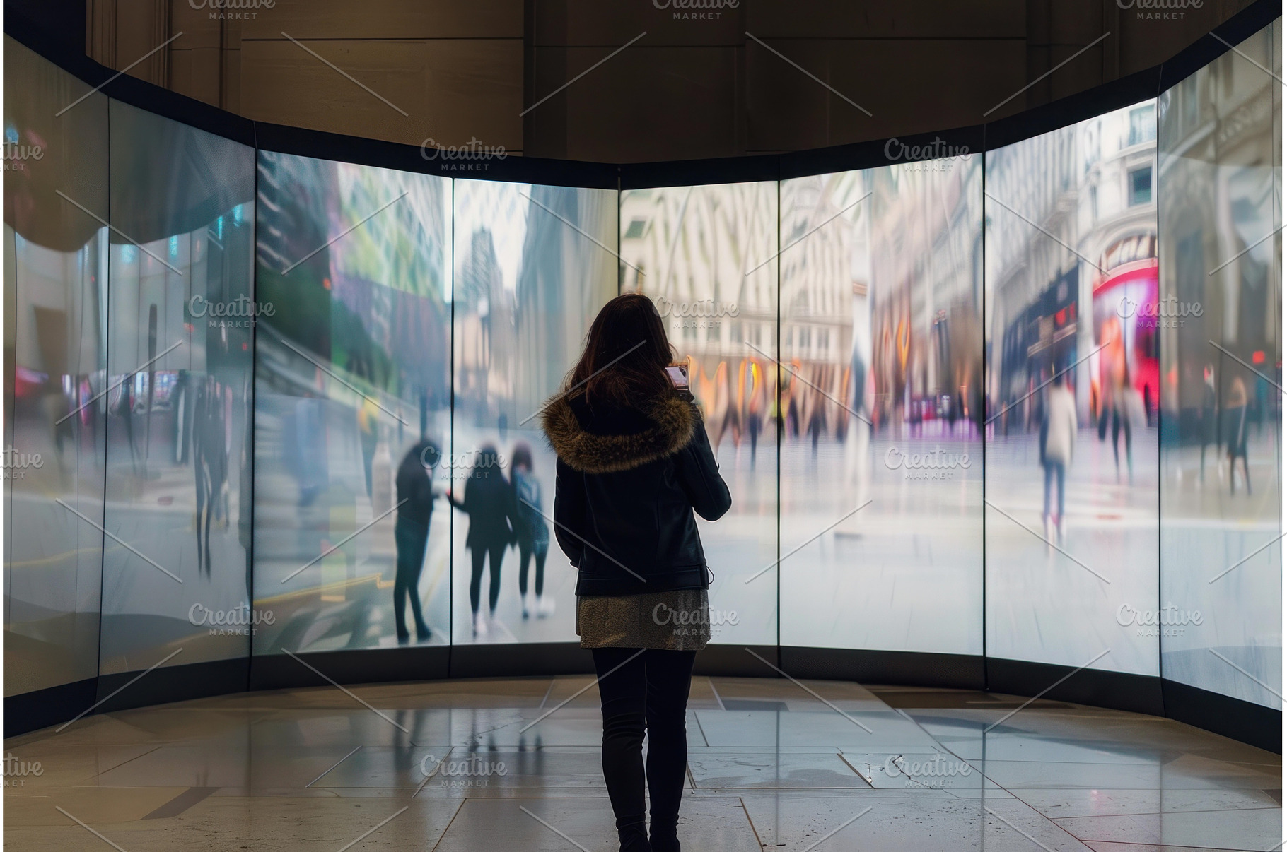 Woman taking picture of video wall, an Architecture Photo by Ylivdesign