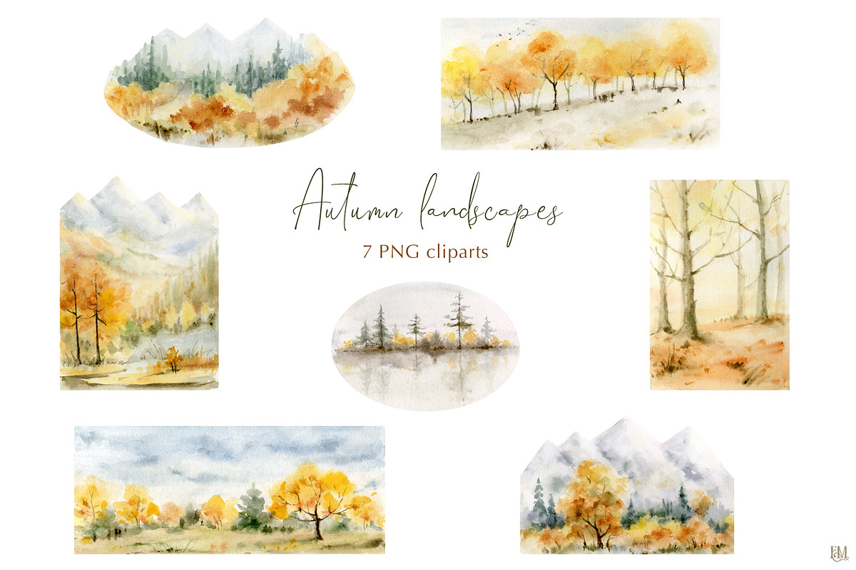 Watercolor fall landscapes & trees., an Illustration by Elena Medvedeva (Photo 2 of 8)