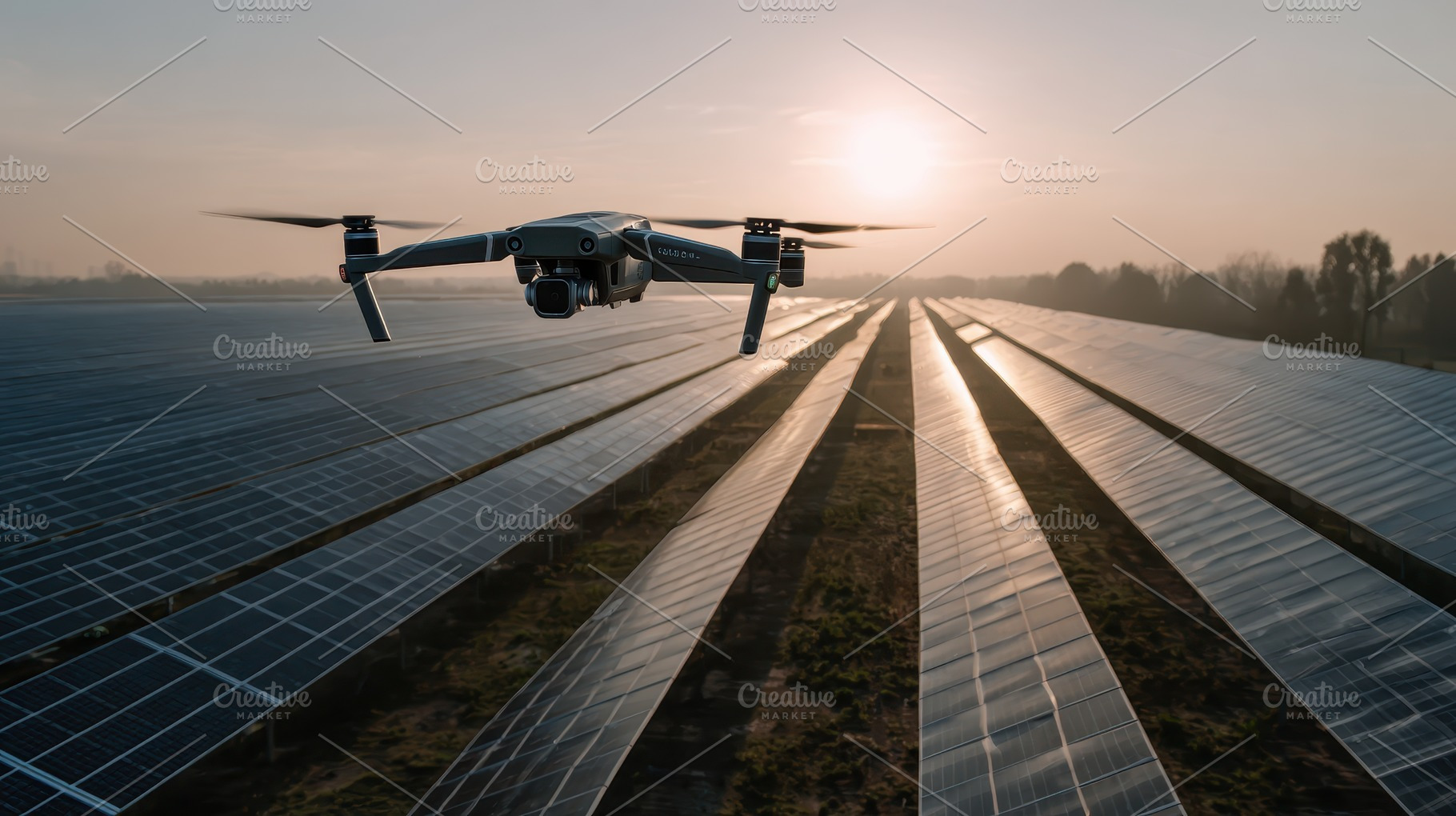 Drone flying over solar panels at su, a Photo by Pixeness Studio