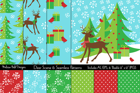 Deer Scene & Seamless Patterns preview 6
