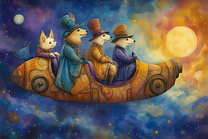 Whimsical Dogs In Rocket Fantasy Art, an Animal Illustration by Art Paradise Studios