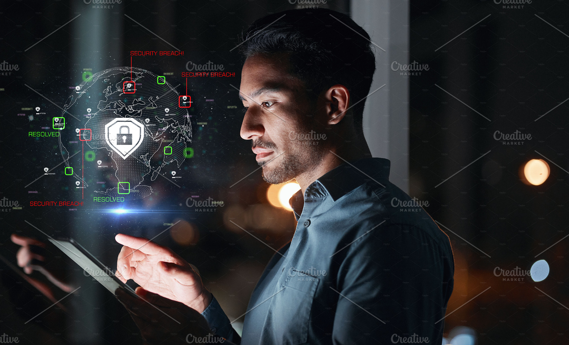 Cyber security, hacker man and tablet with hologram and safety lock icon for network, information or data. Person with technology for privacy, antivirus or hacking and access control shield at night, a Photo by Peopleimages.com