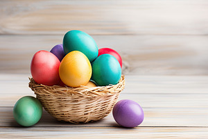 Basket with colorful easter eggs on wooden background, a Holiday Photo by AlyaAnd