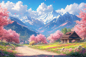 Traditional wooden house in a vibrant spring valley with cherry, a Person Photo by José Manuel Gelpi