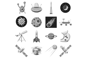 Space Icons Set, Gray Monochrome