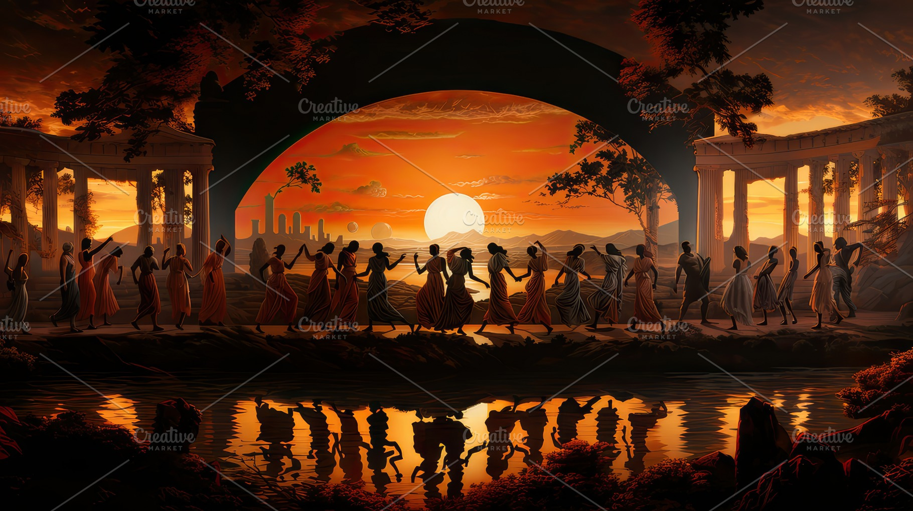 Ancient Greek Symposium at Sunset: Women Dancing beside Historical Ruins, a Photo by AS photostudio
