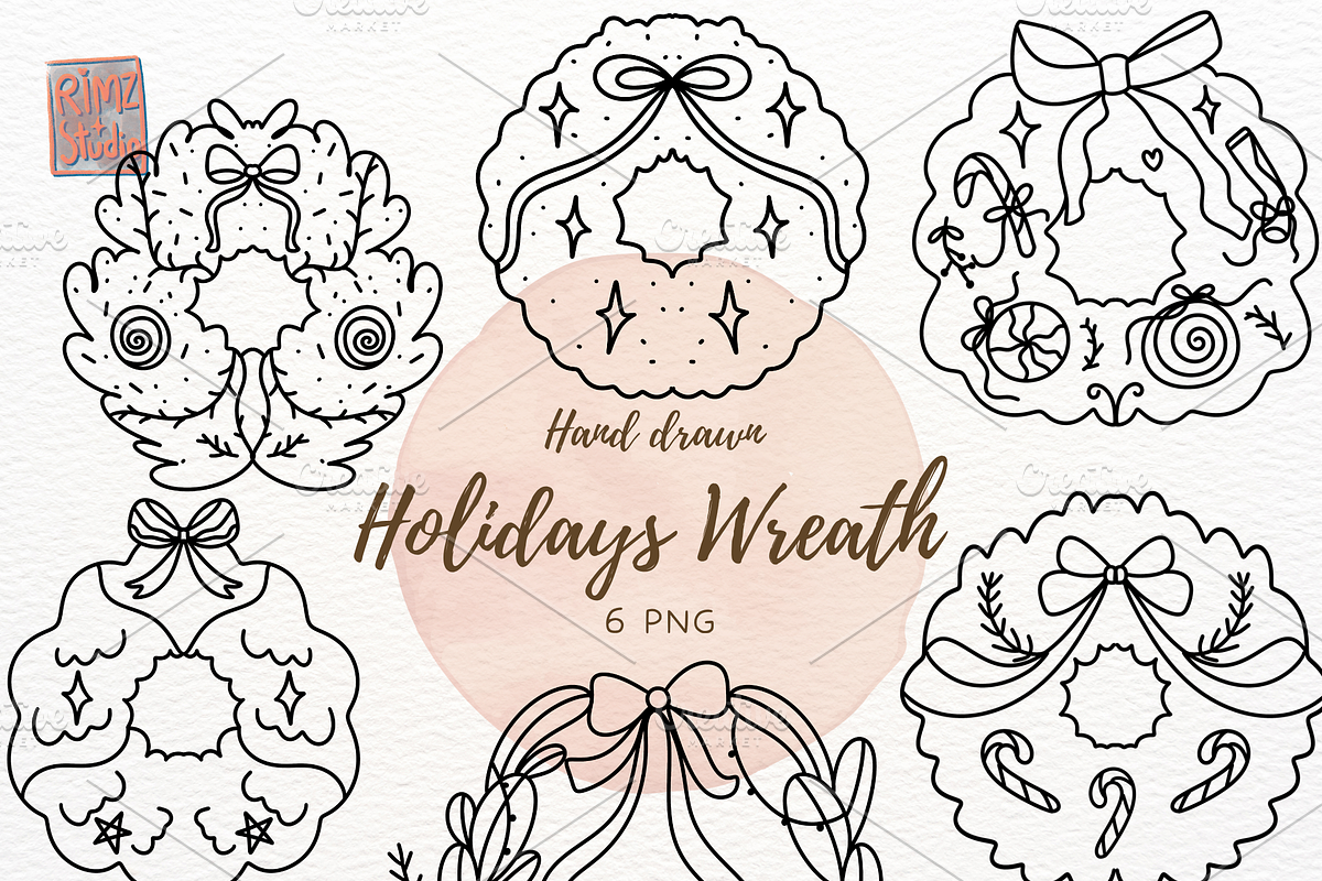 Hand-Drawn Holiday Wreaths Line Art, an Object Illustration by RimzStudio (Photo 1 of 3)